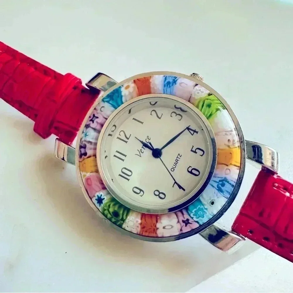 GlassOfVenice Serena Murano Millefiori Watch With Leather Band - Red